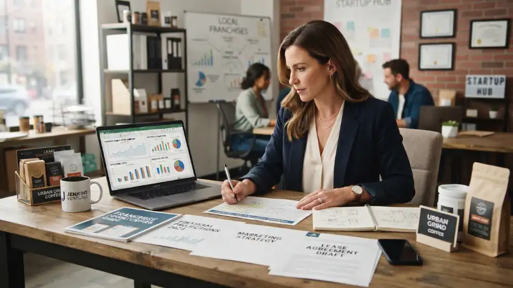 Emprendedora comparando franquicias rentables en 2026