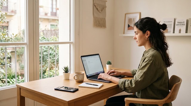 Rutina de minimalismo digital con tecnología esencial