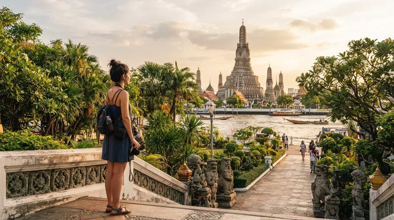 Viaje a Tailandia con templo tradicional y viajero